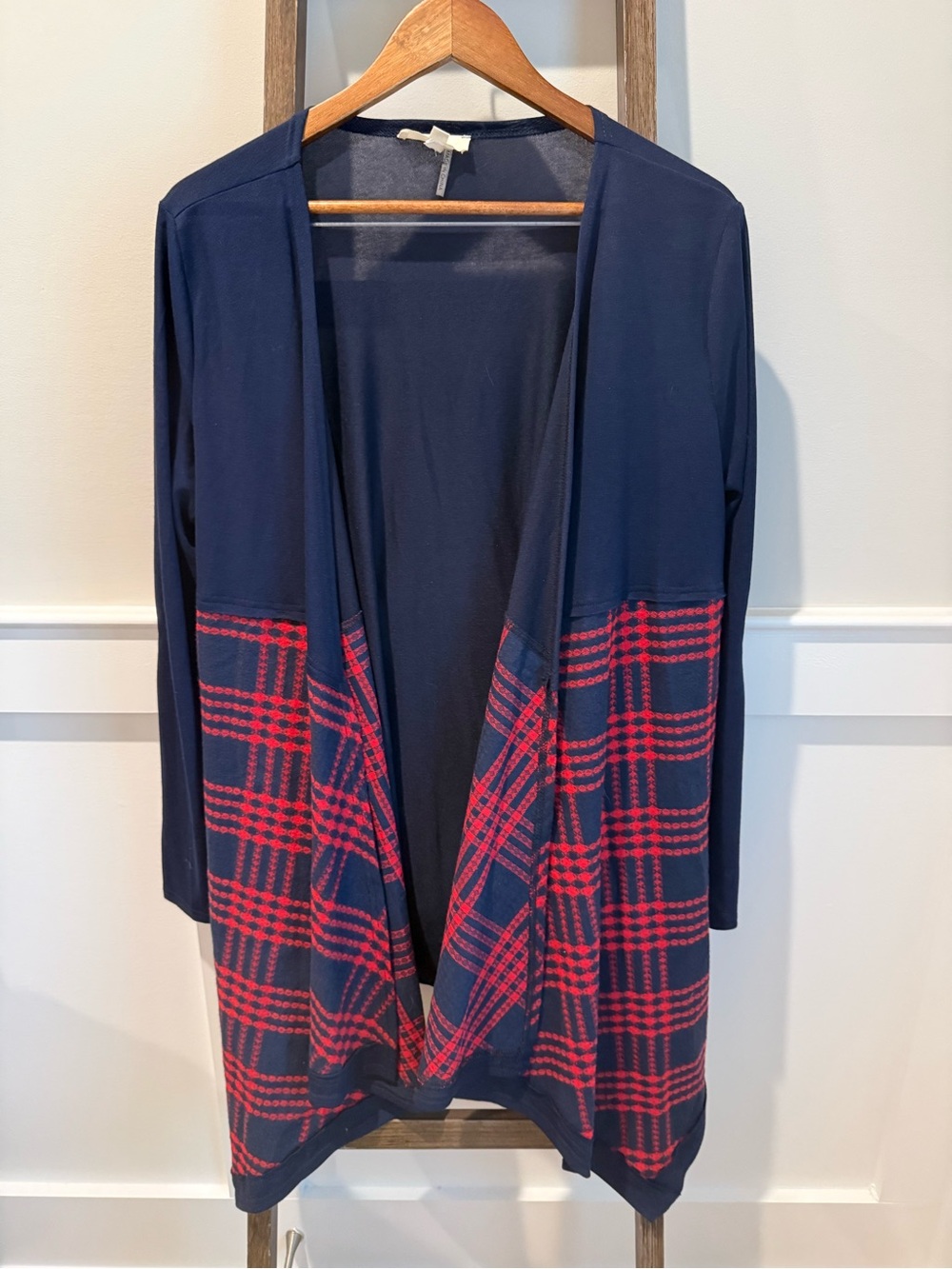 entro Navy Open-Front Cardigan with Red Plaid Panels